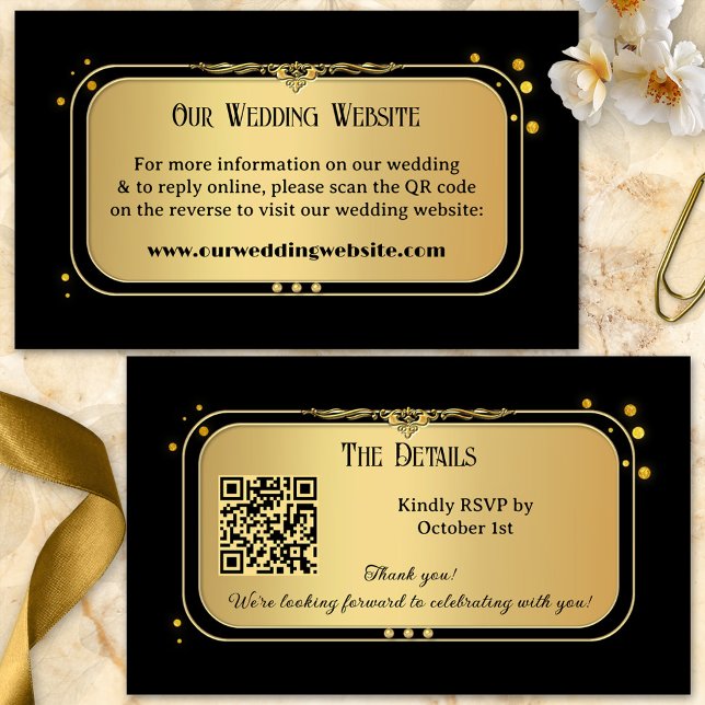 Black Gold Confetti Wedding Website Enclosure Card (Elegant wedding enclosure card featuring a gold black design with sparkling gold confetti.)