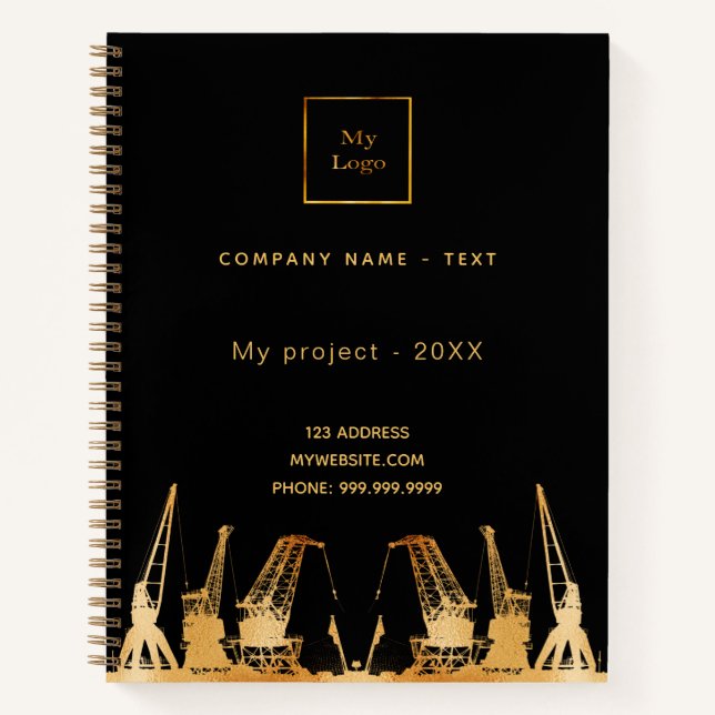 Black gold construction cranes business logo notebook (Front)