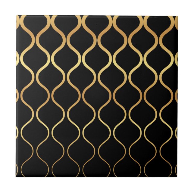 Black, gold, cool, trendy, retro abstract design ceramic tile (Front)