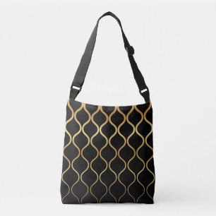 Black, gold, cool, trendy, retro abstract design crossbody bag