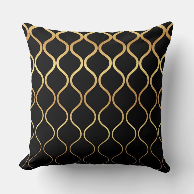 Black, gold, cool, trendy, retro abstract design cushion (Front)