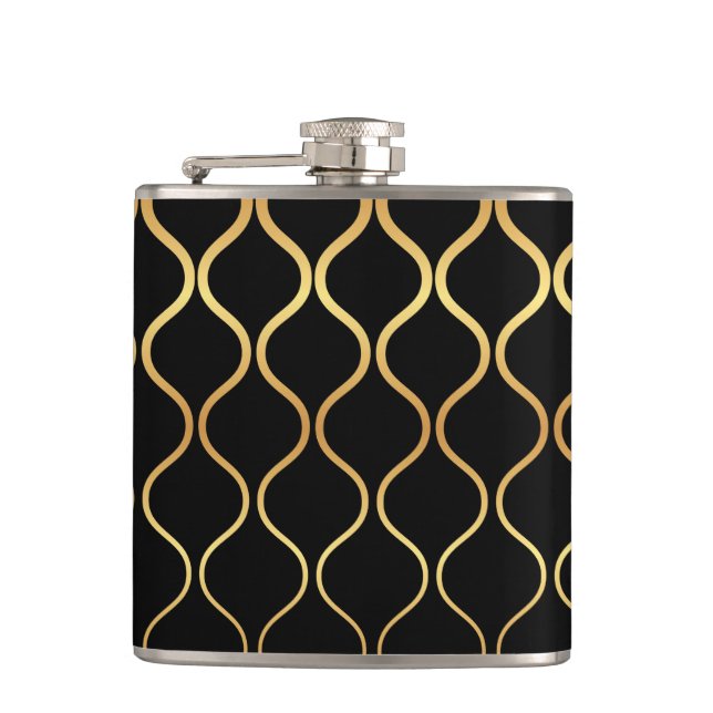 Black, gold, cool, trendy, retro abstract design hip flask (Front)