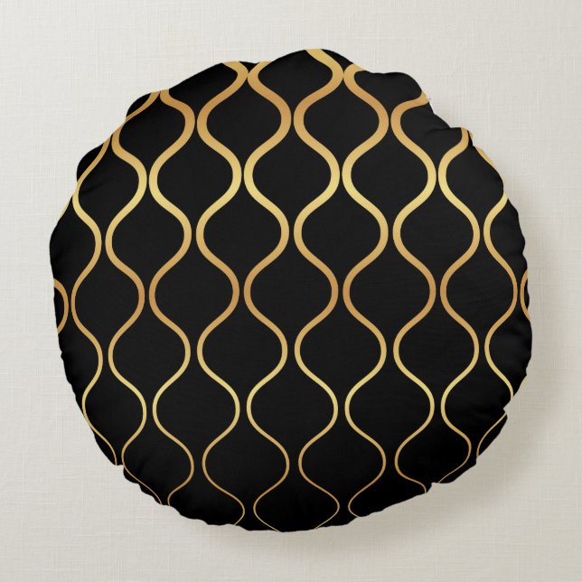 Black, gold, cool, trendy, retro abstract design round cushion (Back)