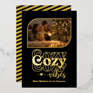 Black & Gold Cosy Vibes Retro Christmas Photo Foil Holiday Card