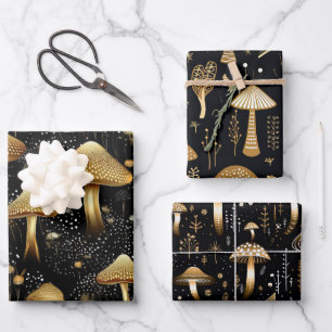 Black & Gold Cottagecore Mushrooms Trio Wrapping Paper Sheet
