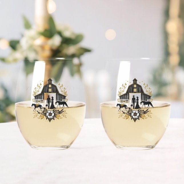 Black & Gold Country Wedding Stemless Wine Glass (Insitu (Wedding))