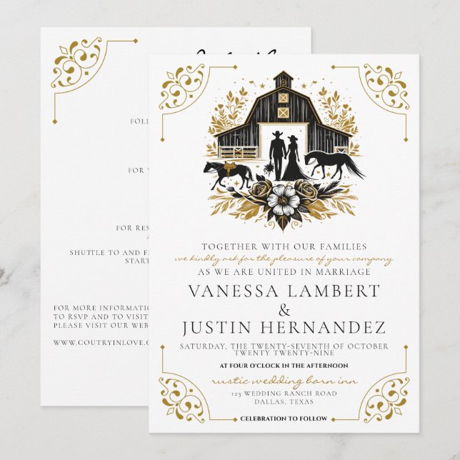 Black & Gold Country Wedding with Details Invitation (Front/Back)