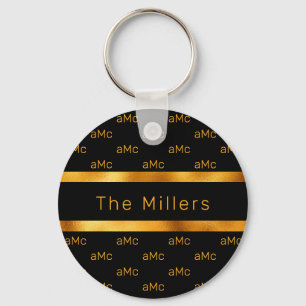 Black gold couple monogram pattern elegant key ring