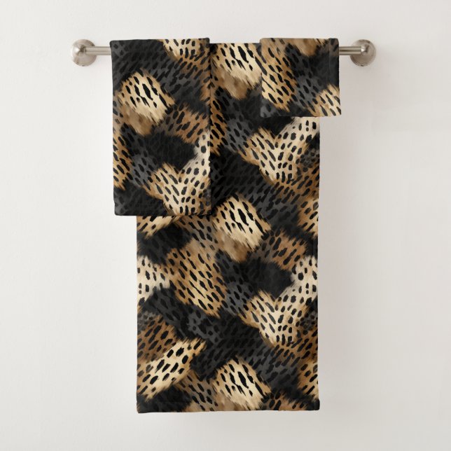 Black Gold Cream Leopard Animal Print   Bath Towel Set (Insitu)