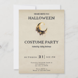 Black Gold Crescent Moon Vintage Halloween Costume Invitation