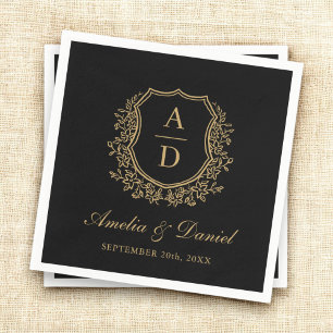 Black Gold Crest Elegant Monogram Wedding Napkin