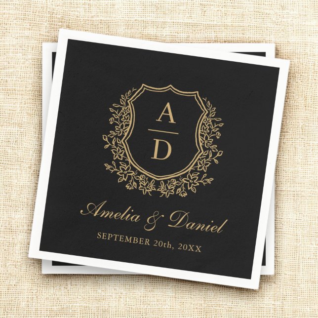 Black Gold Crest Elegant Monogram Wedding  Napkin (Creator Uploaded)