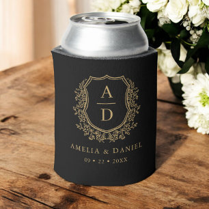 Black Gold Crest Modern Monogram Wedding  Can Cooler
