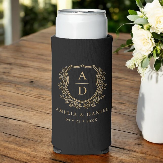 Black Gold Crest Modern Monogram Wedding  Seltzer Can Cooler (Creator Uploaded)