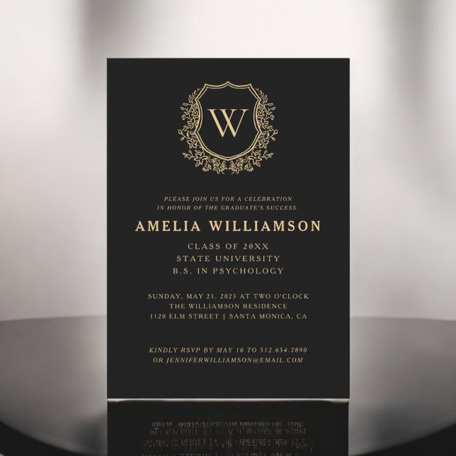 Black Gold Crest Monogram Graduation Party Invitation (Creator Uploaded)