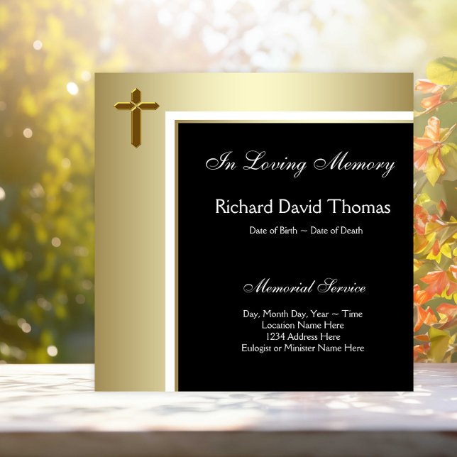 Black Gold Cross In Loving Memory Memorial Invitation (Elegant black and gold cross memorial service announcement.)