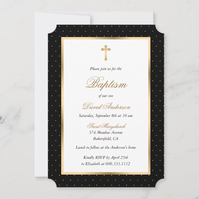 Black Gold Cross Polka Dots Elegant Script Baptism Invitation (Front)