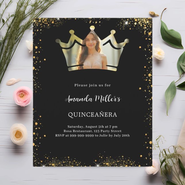 Black gold crown photo Quinceanera invitation (Creator Uploaded)