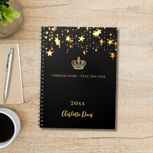 Black gold crown stars name year business notebook