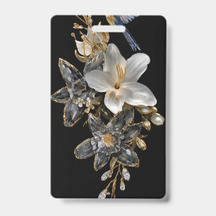 Black Gold Crystal Floral Name Badge ID Badge