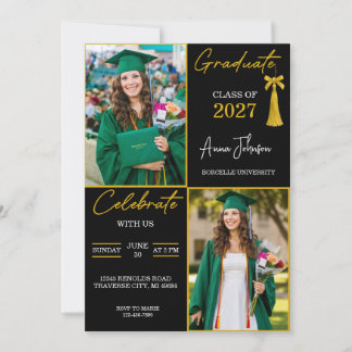 Black & Gold Custom 2 Photo Graduation Party Invitation