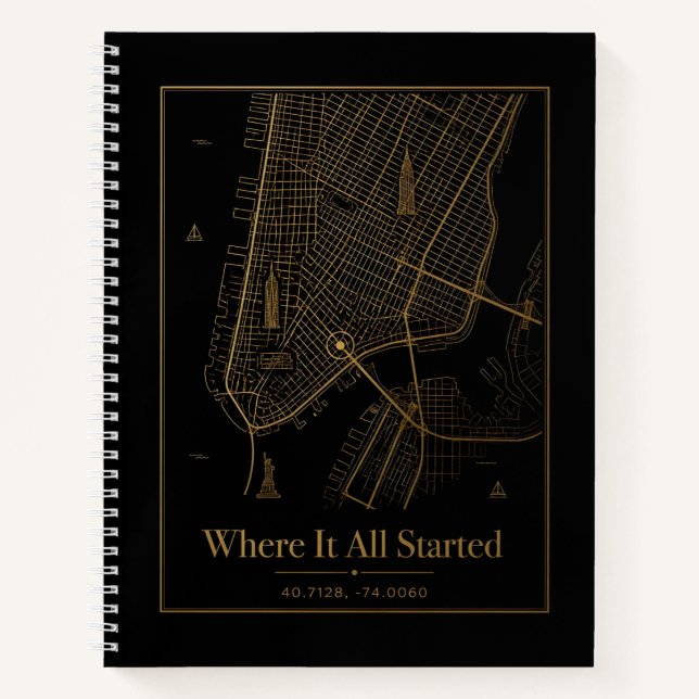 Black Gold Custom City Map Spiral Notebook  (Front)