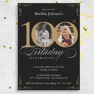 Black Gold Custom Photo 100th Birthday Party Invitation