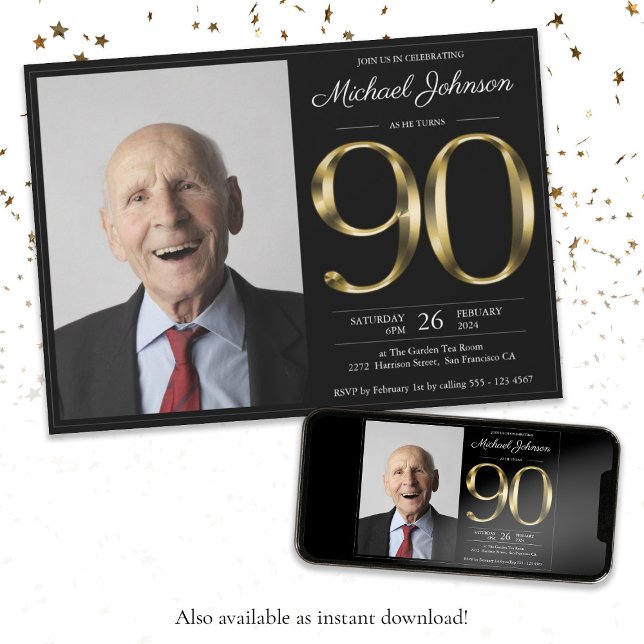 Black Gold Custom Photo 90th Birthday Party Invitation (Black Gold 90th Birthday Chic Classy Custom Photo Invitation)