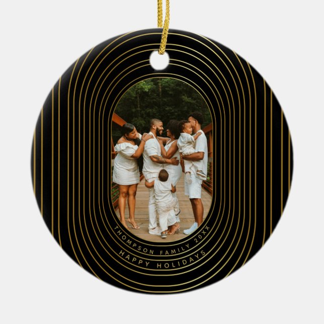 Black Gold Custom Photo Family Christmas Ceramic Ornament (Front)
