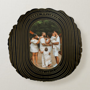 Black Gold Custom Photo Family Christmas Round Cushion