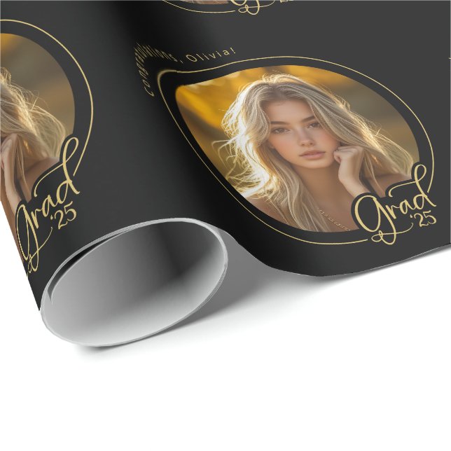 Black Gold Custom Photo Modern Grad Graduation Wrapping Paper (Roll Corner)