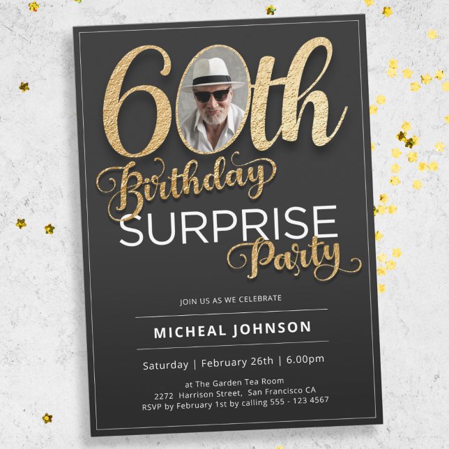 Black Gold Custom Photo Surprise 60th Birthday Invitation (Mockup View)