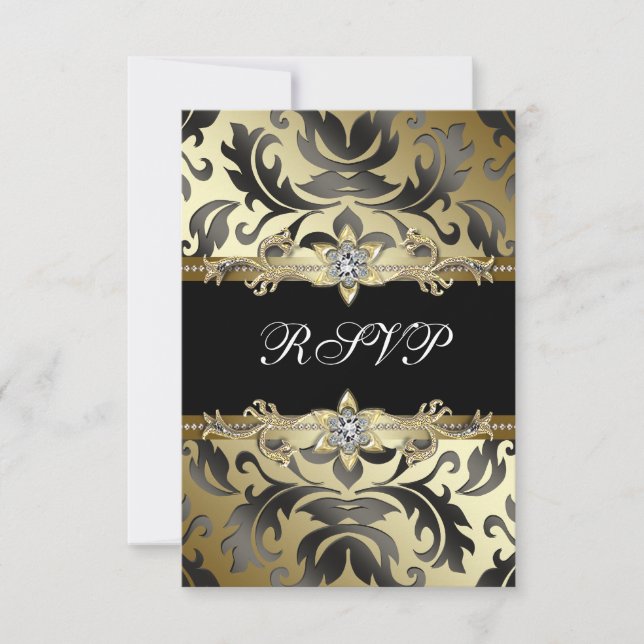 Black Gold Damask All Occasion Party RSVP Card (Front)