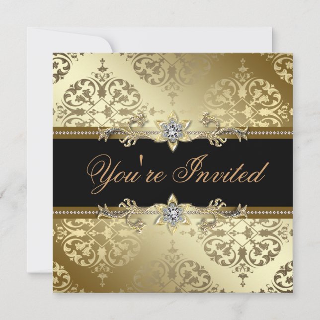 Black Gold Damask Black Tie Party Invitation (Front)