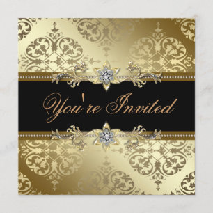 Black Gold Damask Black Tie Party Invitation