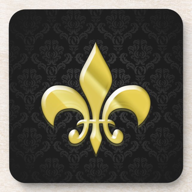 Black/Gold Damask Fleur de Lis Coaster (Front)