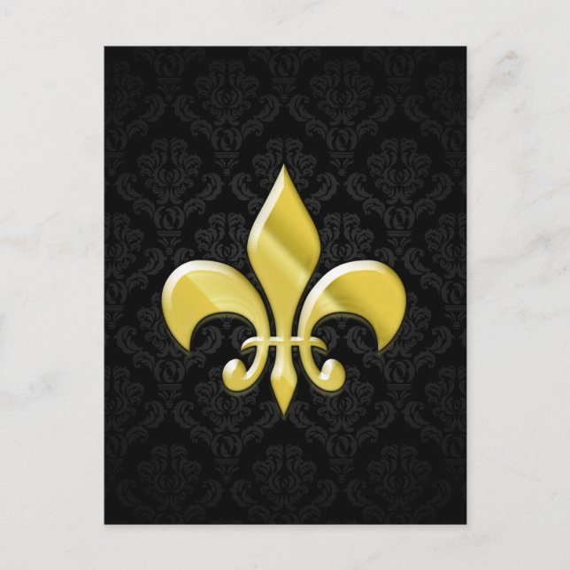 Black/Gold Damask Fleur de Lis Postcard (Front)