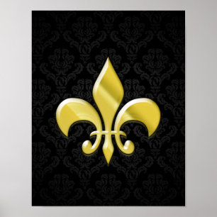 Black/Gold Damask Fleur de Lis Poster