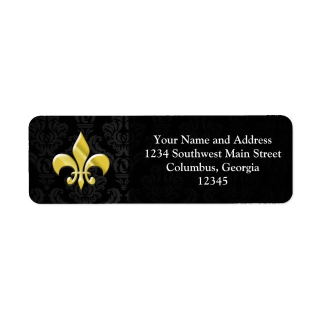 Black/Gold Damask Fleur de Lis Return Address Label (Front)