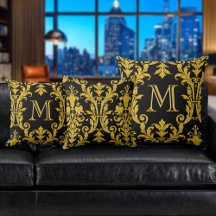 Black & Gold Damask Floral Swirls Monogram