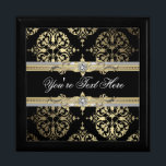 Black Gold Damask Keepsake Gift Box<br><div class="desc">Elegant black and gold damask jewellery box. Add your own text to personalise. This is a printded designw ith no real foinl,  jewels,  etc.</div>