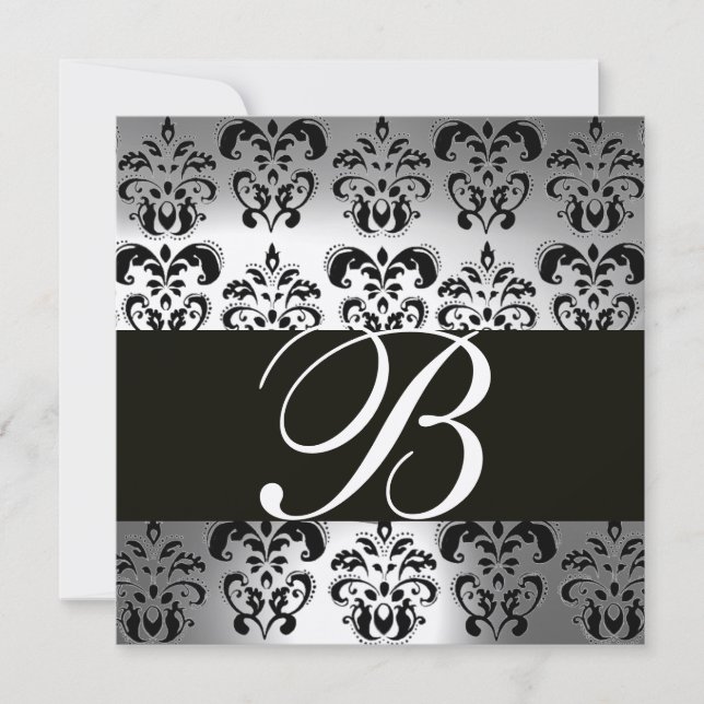 BLACK & GOLD DAMASK MONOGRAM  moonstone Invitation (Front)