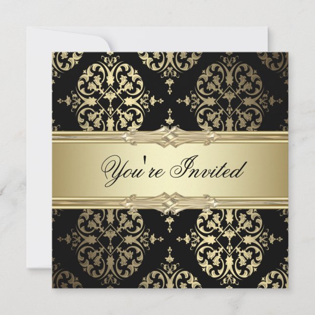 Black Gold Damask Party Invitations (Front)