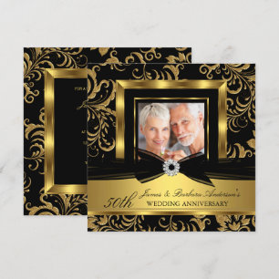 Black Gold Damask Photo 50th Wedding Anniversary Invitation