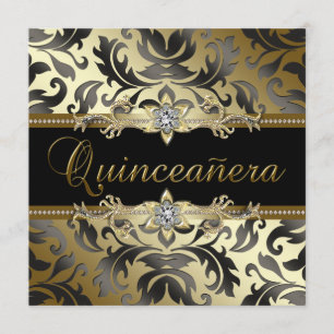 Black Gold Damask Quinceanera Invitations