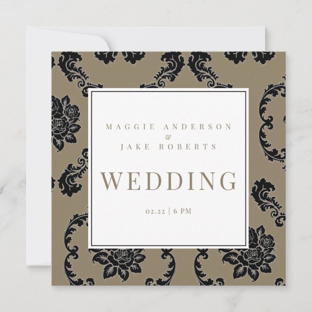 Black & Gold Damask Square Wedding  Invitation (Front)