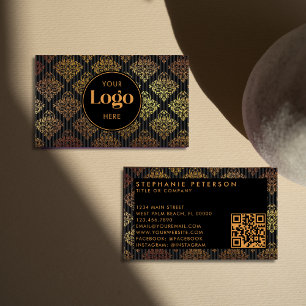 Black & Gold Damask Striped Custom Logo QR Code Business Card