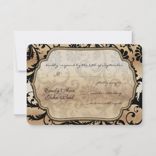 Black & Gold Damask Swirls Wedding RSVP Card (Front)