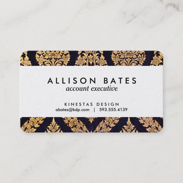 Black & Gold Damask Traditional Contemporary Print Business Card (Front)