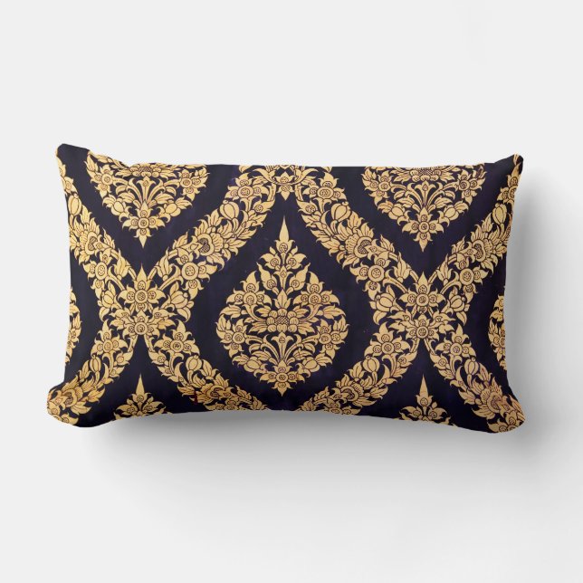 Black & Gold Damask Traditional Contemporary Print Lumbar Cushion (Front)